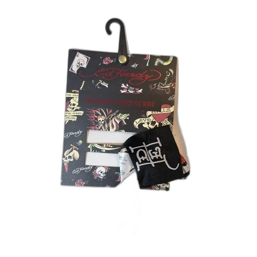 Ed Hardy Y2K Skull Butterfly Roses Logo Print Scarf NWT